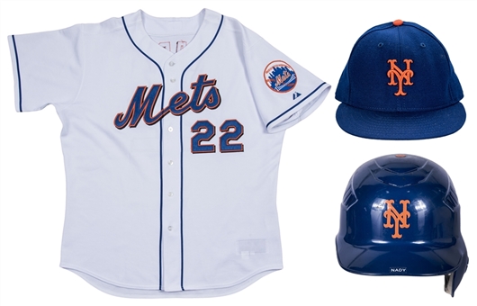 Lot of (3) 2006 Xavier Nady Game Used New York Mets White Alternate Jersey, Cap & Batting Helmet (MLB Authenticated & Mets-Steiner)